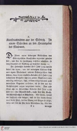 Kunstnachrichten aus der Schweiz : in einem Schreiben an den Herausgeber des Museums