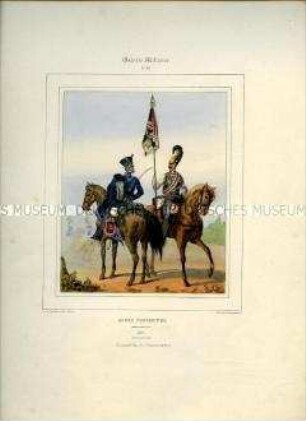 Uniformdarstellung, Husar und Kürassier mit Standarte zu Pferd, Preußen, 1832/1848. Tafel Nr. 58 aus: Galerie militaire. Collection des Costumes Militaires de toutes les Nations. Paris 1840 - 1855.