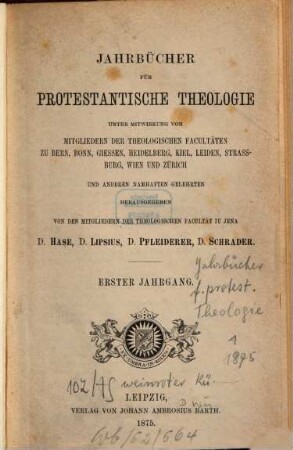 Jahrbücher für protestantische Theologie. 1, 1. 1875