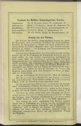 Vorstand des Berliner Entomologischen Vereins - Auszug aus den Statuten