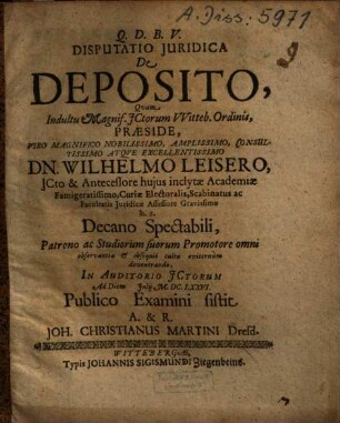 Disputatio Juridica De Deposito