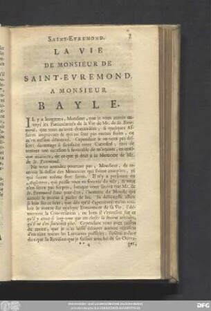 La Vie De Monsieur De Saint-Evremond. A Monsieur Bayle.