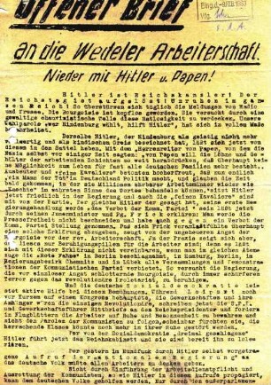Offener Brief an die Wedeler Arbeiterschaft. Nieder mit Hitler und Papen!