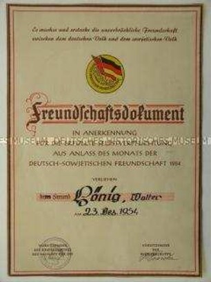 DSF-Freundschaftsdokument mit Selbstverpflichtung zum Monat der Deutsch-Sowjetischen Freundschaft