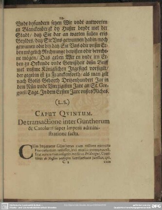 Caput Quintum. De transactione inter Güntherum & Carolum super Imperii administratione facta