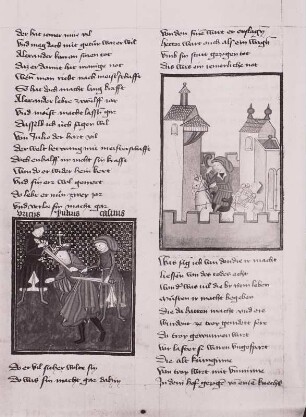 Allegorische Darstellung mit Brettspielern, :Illumination und Schriftspiegel in Thomas von Zerklaere "Der welsche Gast",