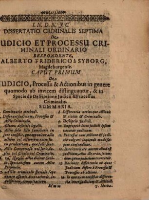 Collegii Criminalis Publici Dissertatio Septima De Iudicio Et Processu Criminali Ordinario ...