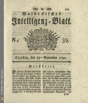 No. 39. Dienstag, den 25ten September 1792