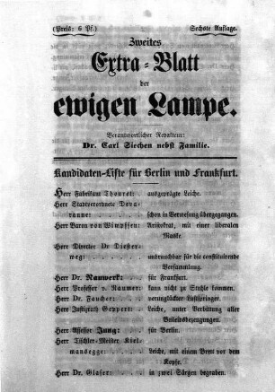 1848: Zweites Extra-Blatt der ewigen Lampe
