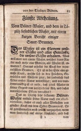 Fünfte Abtheilung. Vom Biliner-Wasser, und dem in Töplitz befindlichen Wasser, mit einem kurzen Bericht einiger Sauer-Brunnen