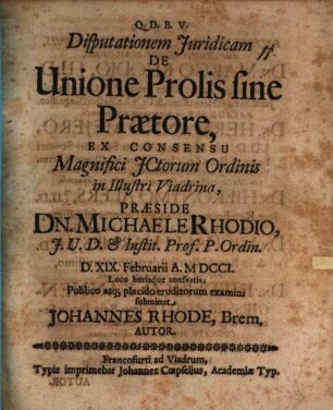 Disp. iur. de unione prolis sine praetore