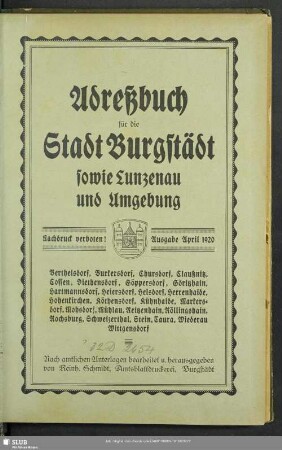 1919/20: Adreßbuch für die Stadt Burgstädt sowie Lunzenau und Umgebung