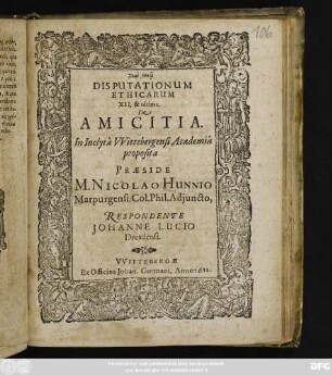Disputationum Ethicarum. XII. & ultima. De Amicitia