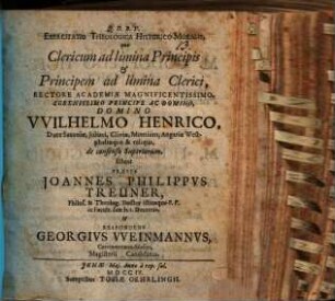 Exercitatio Theologica Historico-Moralis, qua Clericum ad limina Principis & Principem ad limina Clerici