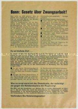 Flugblatt mit dem Aufruf der DDU zu einem Sternmarsch nach Bonn gegen die Notstandsgesetze