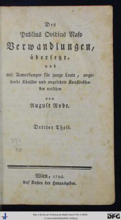Dritter Theil: Des Publius Ovidius Naso Verwandlungen