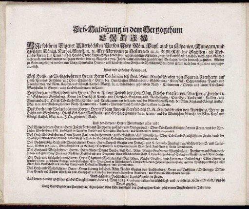 Erb-Huldigung in dem Hertzogthum Crain.