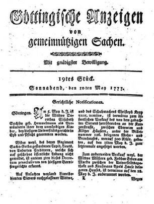 19tes Stück. Sonnabend, den 10ten May 1777.