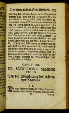 Caput VIII. De Secretione Seminis virilis. Von der Absonderung des männlichen Saamens.