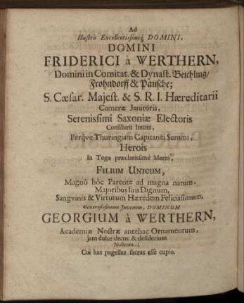 Ad Illustris Excellentissimiq Domini, Domini Friderici a Werthern [...] Dominum Georgium a Werthern [...]