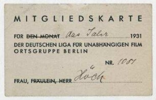 Mitgliedskarte der Deutsche Liga für unabhängigen Film Ortsgruppe Berlin von Hannah Höch für das Jahr 1931