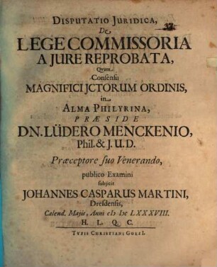 Disp. iur. de lege commissoria a iure reprobata