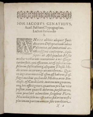Ioh. Iacobus Genathius, Acad. Basileens. Typographus, Lectori benevolo S.