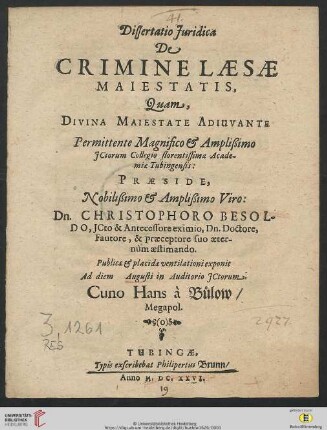 Dissertatio Iuridica De Crimine Laesae Maiestatis
