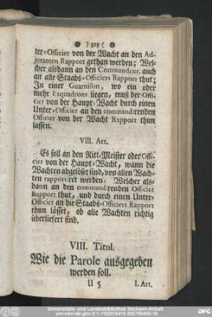 VIII. Titul. Wie die Parole ausgegeben werden soll.