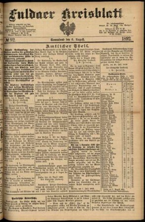 Erste Ausgabe vom Samstag, den 06. August 1892.