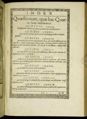 Quæstionum, quæ hac Quarta Parte continentur.