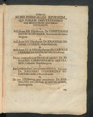 Nomina Nobilissimorum Iuvenum, Qui Publicis Disputationibus Has Digestorum Materias Ventilarunt