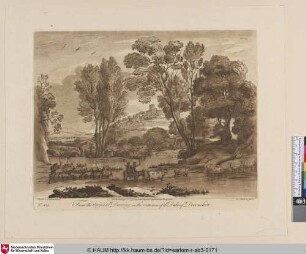 [Landschaft mit Herden, Hirten passieren zu Esel den Fluss.; A Landscape, with Peasants and Cattle.]