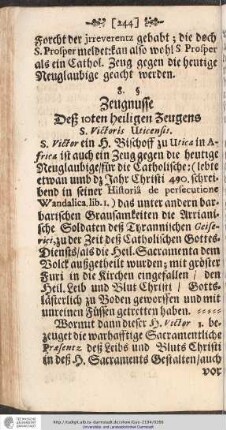 Zeugnusse Deß 10ten heiligen Zeugens S. Victoris Uticensis.