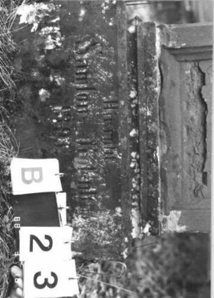 Grabstein 23 (Index: 100114488) Material: Sandstein Zustand: abgeblättert, Sockel verwittert Maße HxBxT: 146x62x19 cm Beschreibung: Stele, Sockel, getreppter Abschluß: Grabstein 23B
