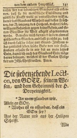 Die siebenzehende Lection, von GOTT, seinem Wesen, und dem Geheimniß der H. Dreyeinigkeit.