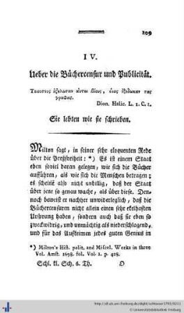 IV. Ueber Büchercensur und Publicität