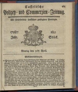 18tes Stueck, Montag den 30ten April 1798