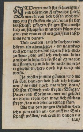 JR Herren wolt jhr schweigen/ || vnd hören ein Fastnacht spiel/ ||