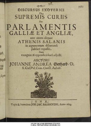 Discursus Exoterici De Supremis Curiis Seu Parlamentis Galliae Et Angliae