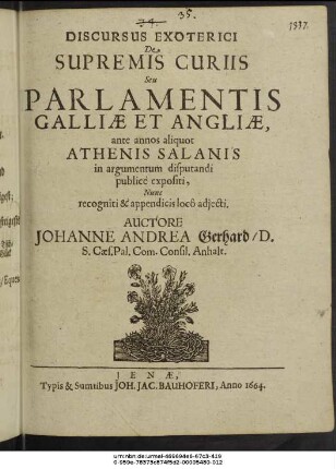 Discursus Exoterici De Supremis Curiis Seu Parlamentis Galliae Et Angliae