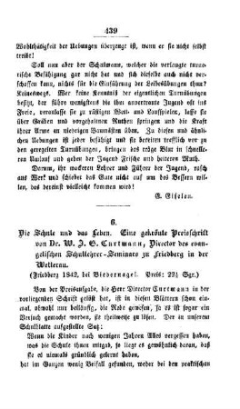 Die Schule und das Leben. Eine gekrönte Preisschrift von Dr. W. J. G. Curtmann