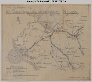 Teil-Übersichtsplan über das Verkehrsgebiet der RSE mit Darstellung der Buslinien. Bereich Beuel - Oberpleis - Hennef - Siegburg