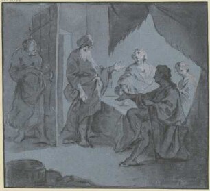 Abraham bewirtet die drei an einem Tisch sitzenden Engel, links an der Tür lauscht Sara