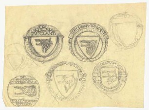 Skizzen für einen Exlibris-Entwurf für Dr. Edgar Apolant : Skizze jeweils mit nach links gerichtetem Wolfskopf auf einem Schild, umrandet mit Schriftbändern, darin Text und Namenszug; unfertige Skizzen