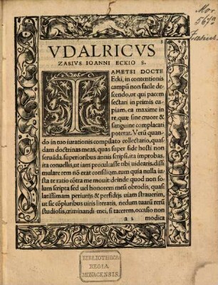 Vdalrici Zasii LL. Doctoris Apologetica defensio contra Ioanne[m] Eckium Theologum, super eo quod olim tractauerat, quo loco fides non esset hosti servanda