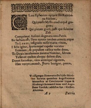 Occursus Gratulatorius felici abitui ... Dn. M. Salomonis Lentzi ... Cum Ab ... Senatu Ratisbonensi in supremi Pastoris, Orthodoxae ibidem Ecclesiae, locum evocaretur