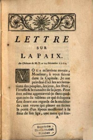 Lettre sur la paix : à Mr. le Comte de ...