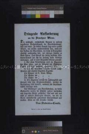 Maueranschlag: Aufforderung des Studenten-Komitees an die Bevölkerung Wiens, sich an der Errichtung von Barrikaden zu beteiligen; Wien, 26. Oktober 1848