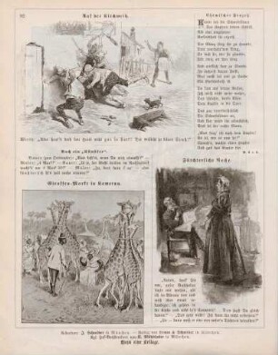"Auf der Kirchweih" "Giraffen-Markt in Kamerun" "Fürchterliche Rache"